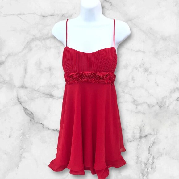 Vtg FLORA Red Nightie Gown Small Sweetheart Rosebud Chiffon Flowy Slip Dress - Picture 1 of 10